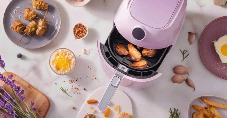 Variedade de pratos preparados em diferentes tipos de air fryer, evidenciando modelos modernos e suas funções na cozinha.