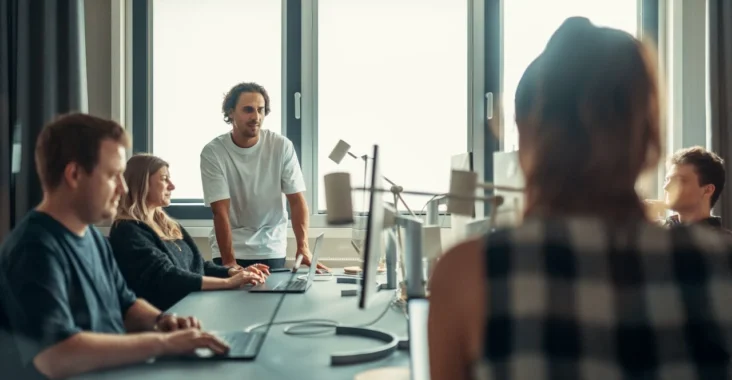 Reunião de trabalho em escritório com equipe ao redor de uma mesa, notebooks e microfone, enquanto um homem fala para o grupo, ilustrando como o SEO pode transformar a presença digital de uma empresa.